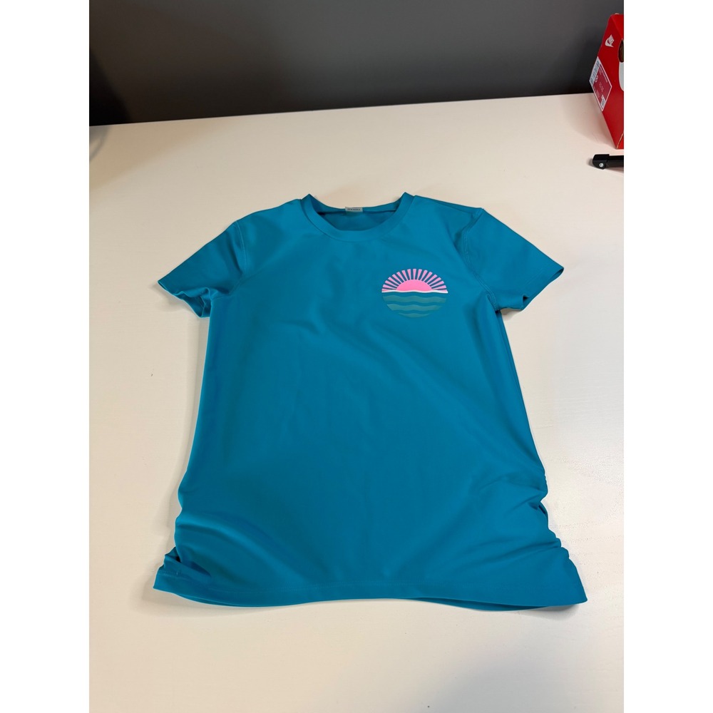 Old Navy Girls Teal Blue Sunset Graphic Short Sleeve Rash Guard Swim Shirt M